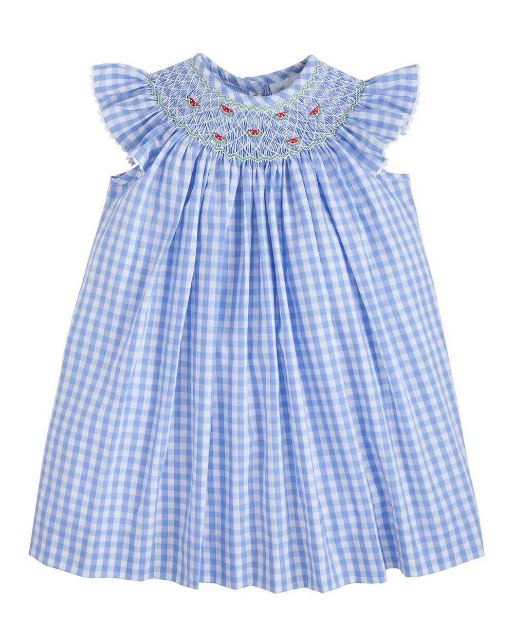 Little English Girls Blue Gingham Watermelon Smocked Bishop Dress